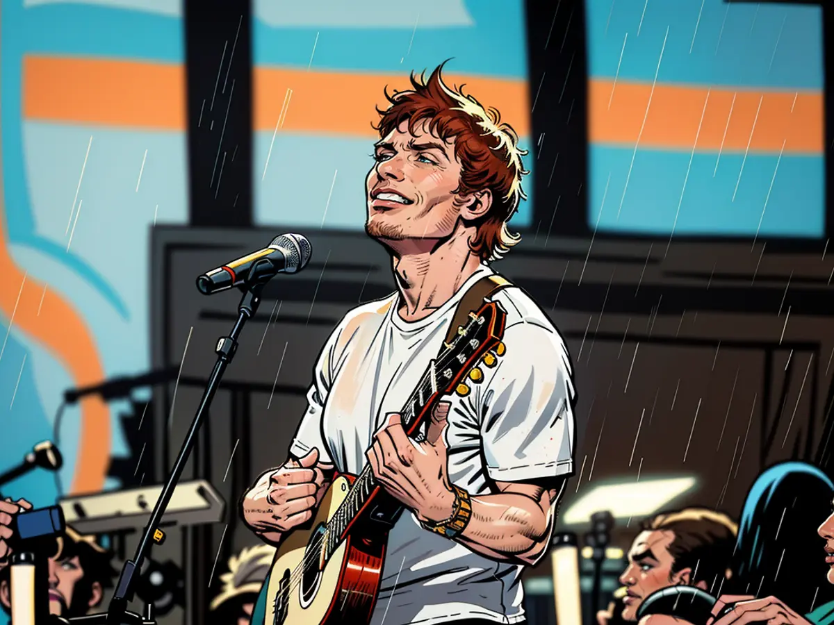 Singer Ed Sheeran performs in the rain on NBC's 