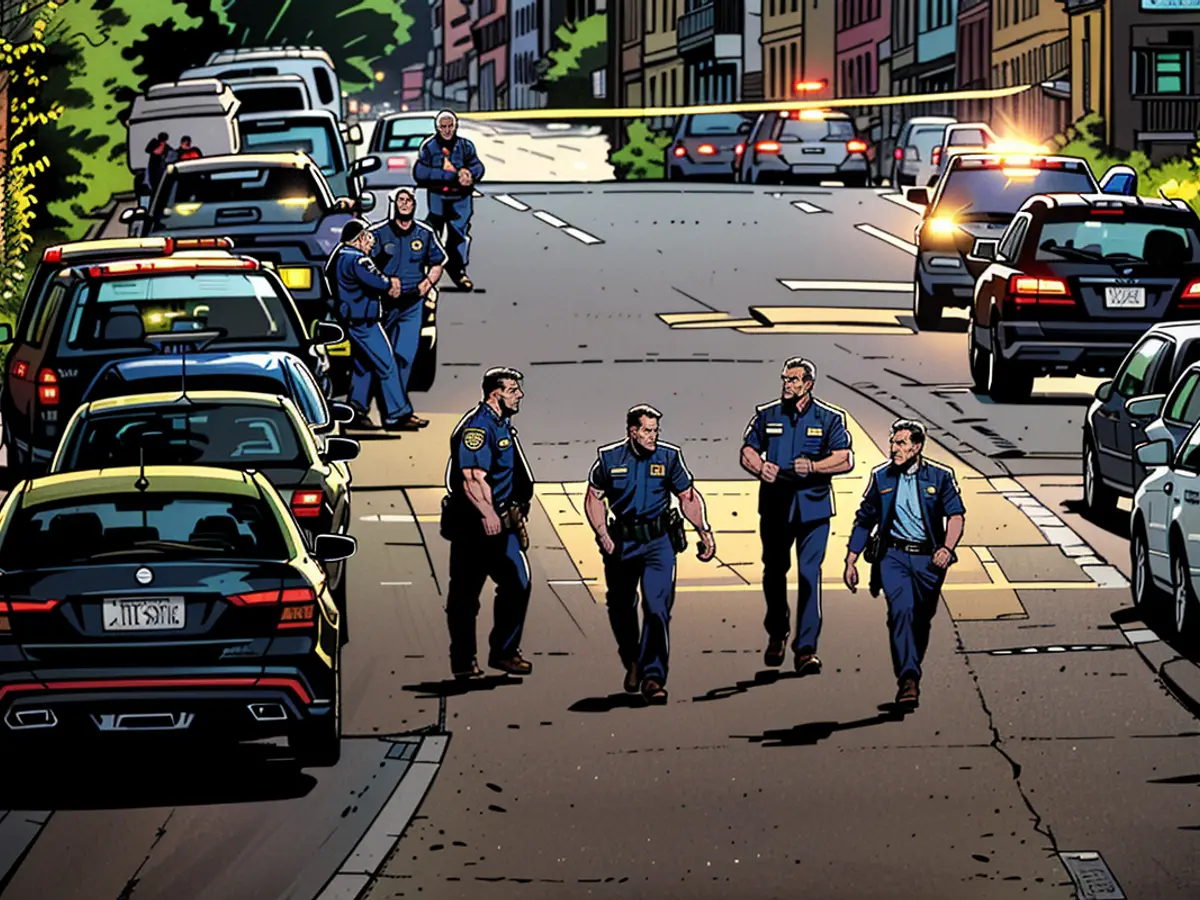 Police investigators walk along the street where Matthew Perry's house was located the night of his death in October 2023.