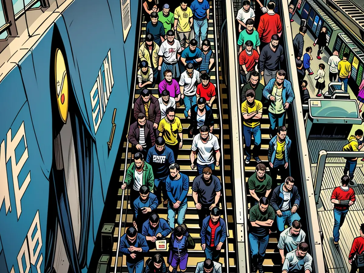 Commuters head to the subway platform during rush hour in Beijing in spring 2020.