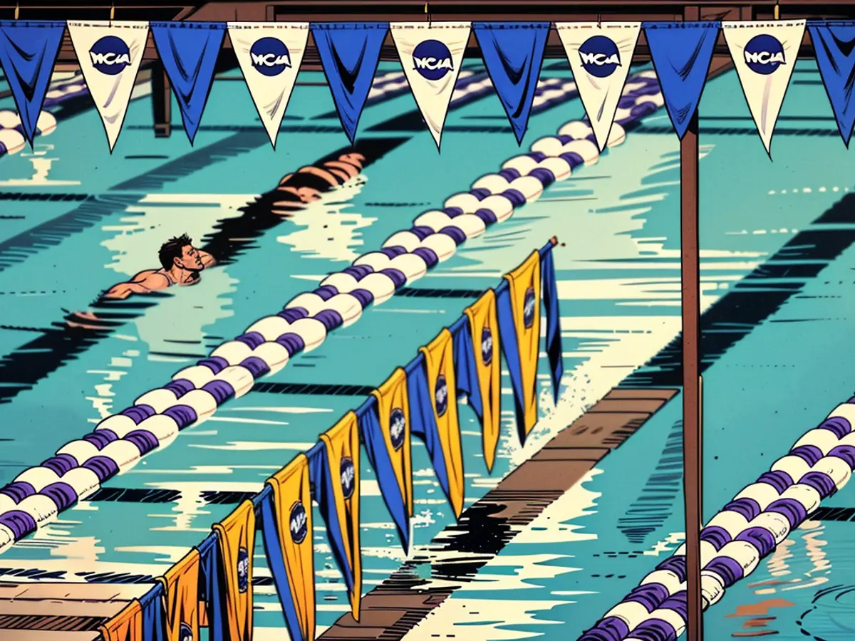 NCAA banners hang before the start of the Division I Mens Swimming and Diving Championships held at the Jean K. Freeman Aquatic Center in Minneapolis on March 24, 2023.