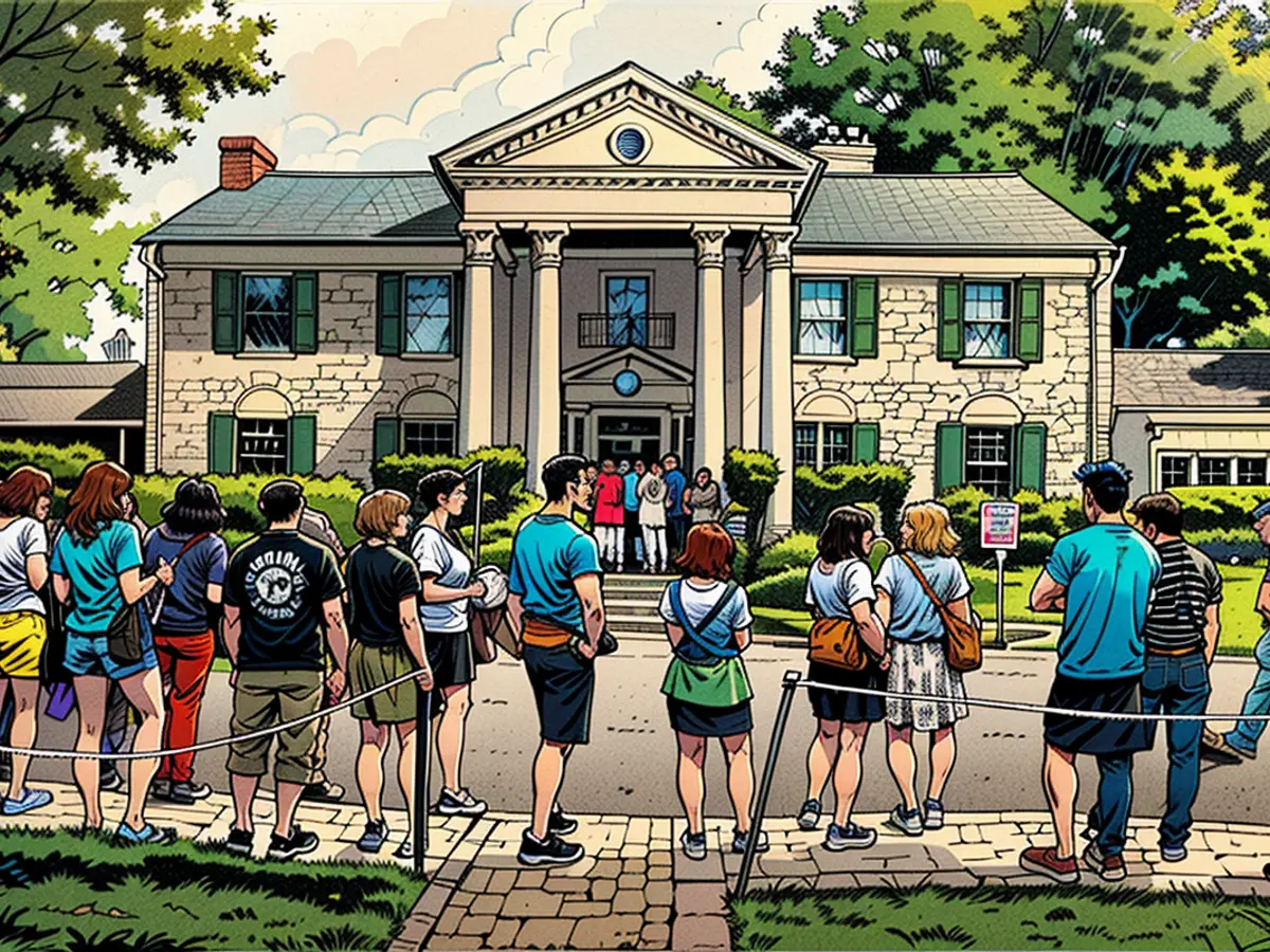 Enthusiasts stand in queue outside Graceland, the Tennessee residence of iconic musician Elvis Presley, situated in Memphis, on August 15, 2017.