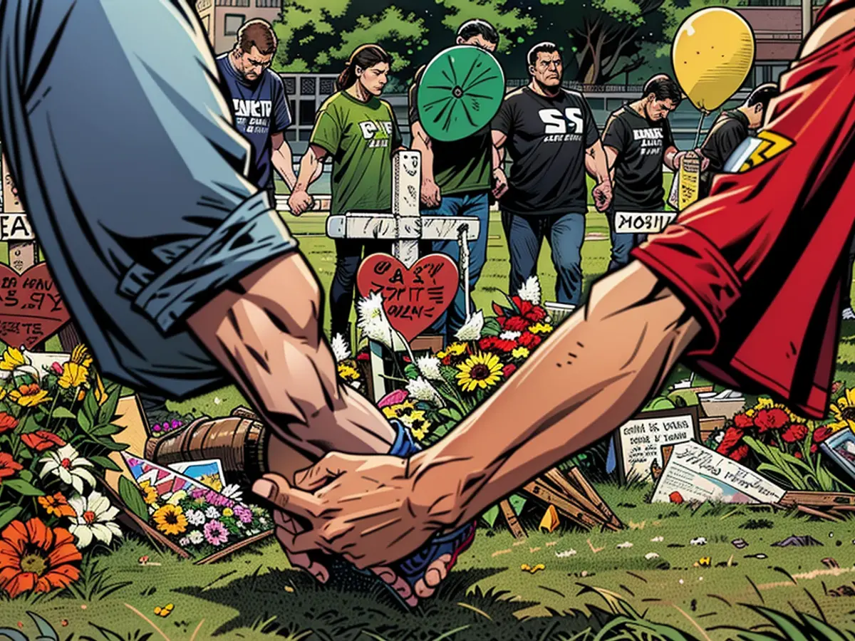 Grief-stricken individuals offer their supplications at a commemorative site situated before Santa Fe High School on May 21, 2018, Santa Fe, Texas.