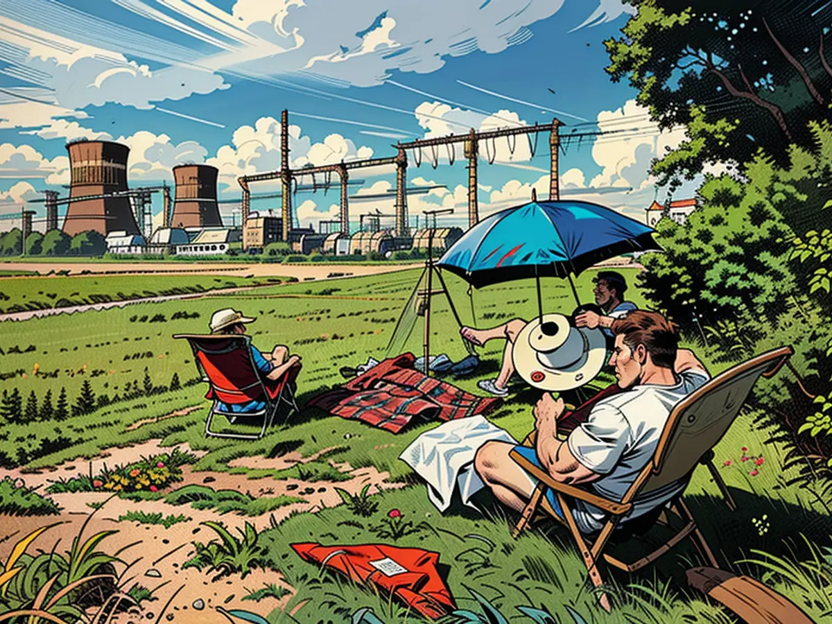 Witnessing the nuclear power plant spectacle, locals utilize a foldable chair, sunshade, and picnic spread