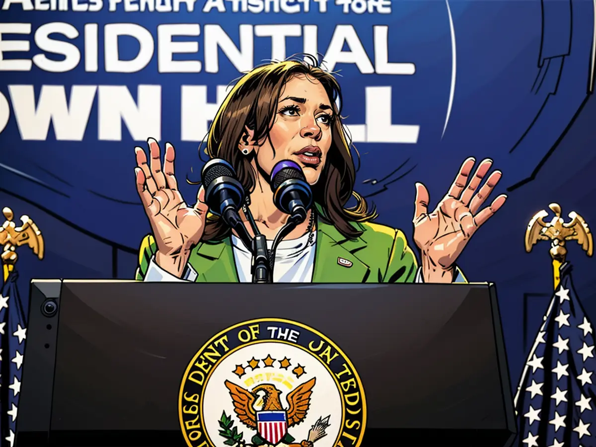 The Vice President of the USA, Kamala Harris, addresses an event at the Asian and Pacific Islander American Vote Presidential Town Hall, situated in Philadelphia, Pennsylvania, USA, on July 13, 2024. At certain junctures during her discourse, Vice President Harris encountered interruptions from advocates supporting Palestinian rights.