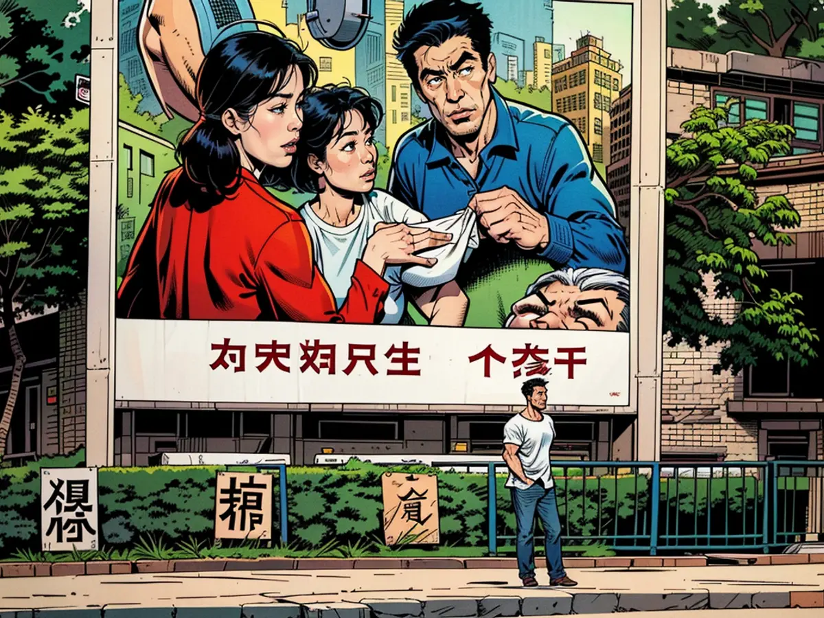 An advertisement on a billboard promotes limiting family size to one child for Chinese families in Beijing, dated January 1, 1983.