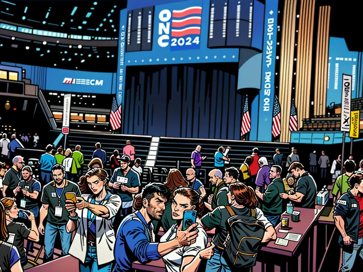 Social influencers congregate by the digital communication section of the Democratic National Convention venue in Chicago on August 20, 2024.