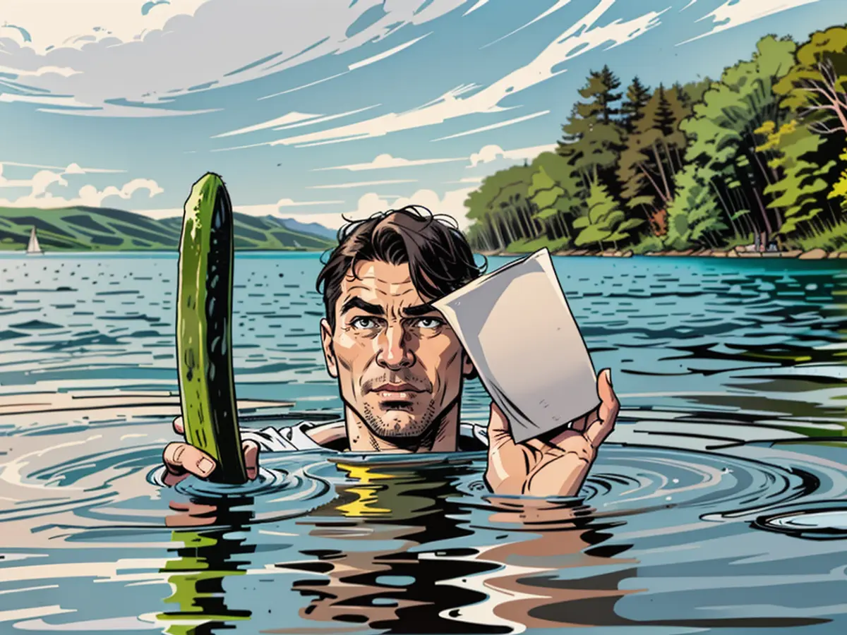 In certain situations, consuming an entire cucumber becomes necessary, even if you find yourself in the middle of a lake.