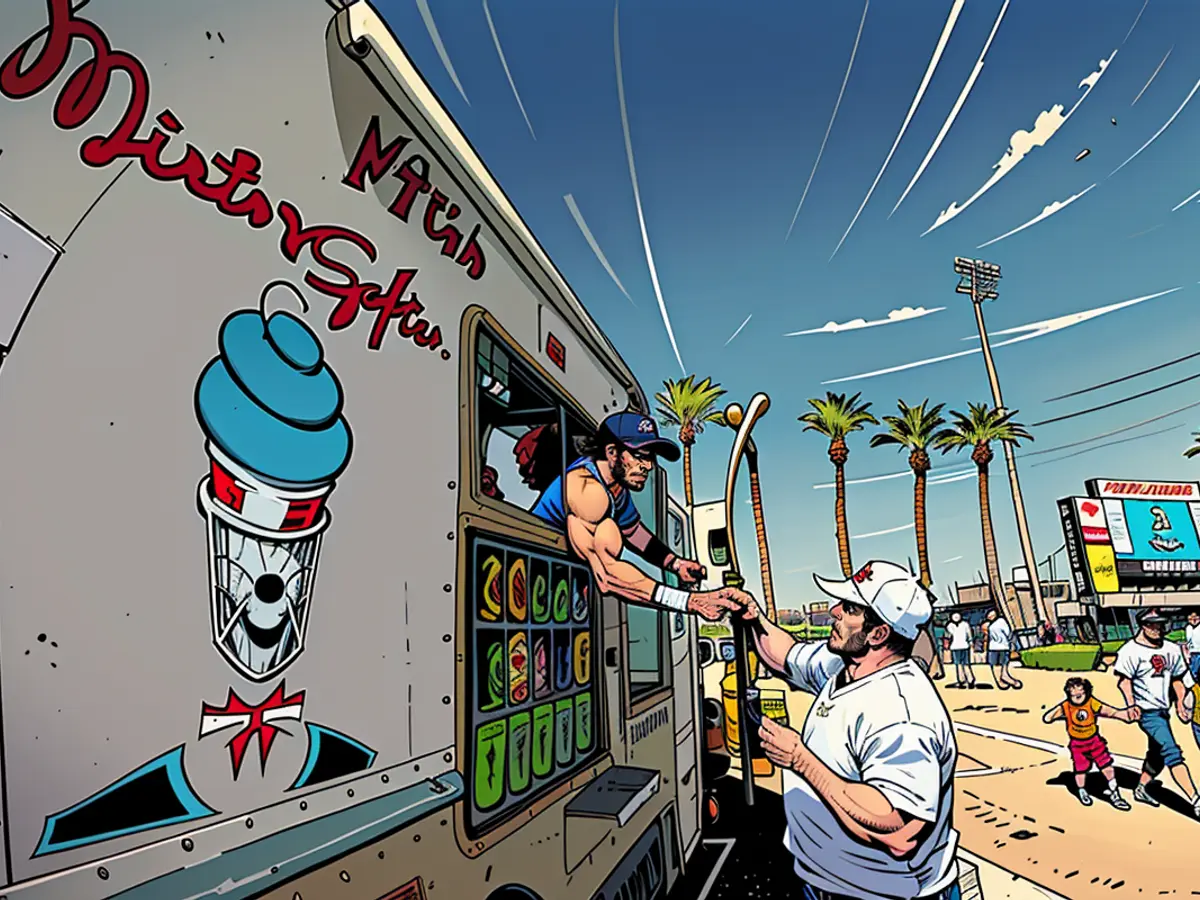 Ein Eiscreme-Truck von Mister Softee bei einem Frühlingsvorbereitungs- Baseballspiel in Goodyear, Arizona, im Jahr 2013