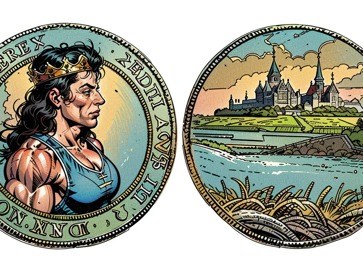 Uma moeda norueguesa do século 17 homenageia o rei Frederico, com uma ilustração do Castelo de Akershus em Oslo, situado contra um fundo marinho em seu lado de trás.