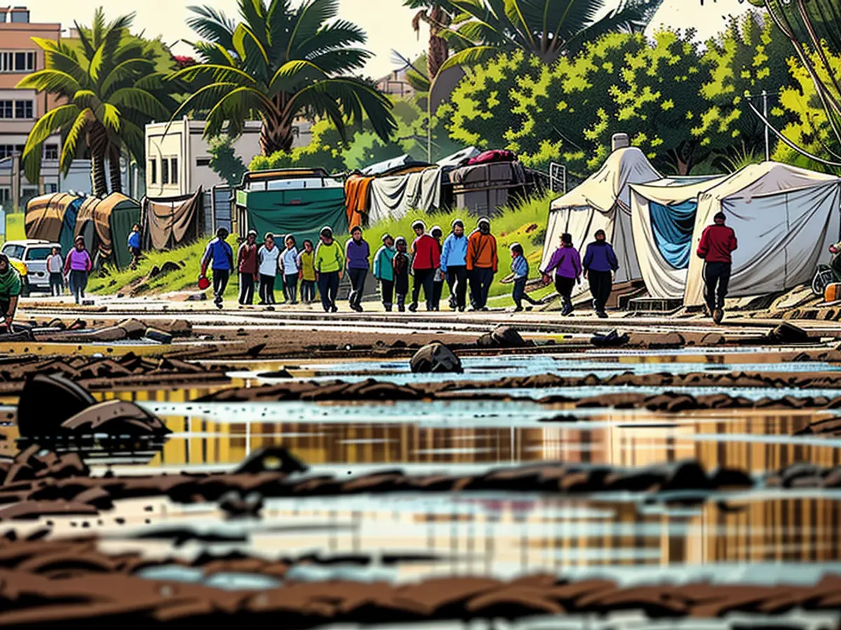 Palestinians Displaced Wander through Street Saturated with Stationary Sewage in Deir el-Balah, Central Gaza, on July 19. A Truce Could Provide a Fleeting Respite for Gaza Residents, Following Almost a Year of Israeli Assaults.