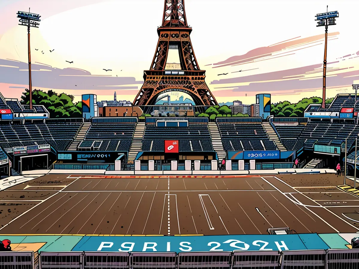 Les transformateurs rénovent le stade de volley-ball de plage de la Tour Eiffel en terrain de football à l'échelle pour les prochains Jeux paralympiques destinées aux athlètes aveugles.