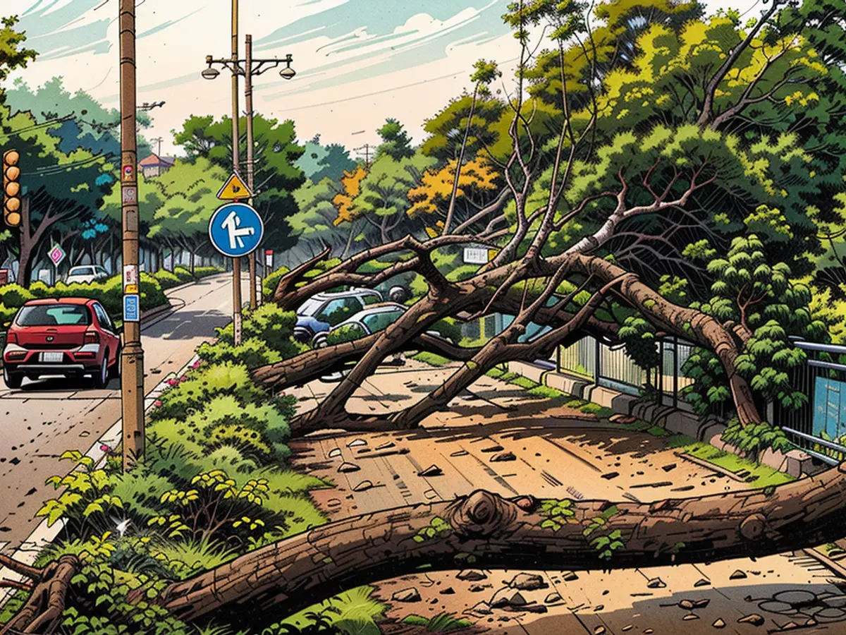 Upright trees line the street in Qionghai, Hainan Province of China, on September 7, 2024, following the powerful winds of typhoon Yagi.