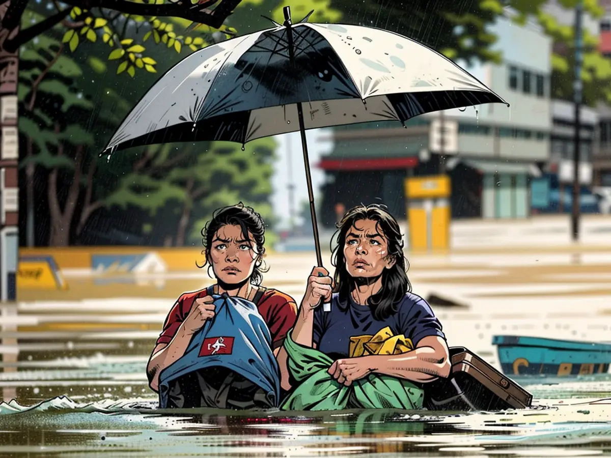 People safeguard their possessions while navigating a water-logged road due to torrential rainfall from Tropical Storm Yagi, colloquially known as Enteng, in Cainta, Rizal province, Philippines, on September 2, 2024.