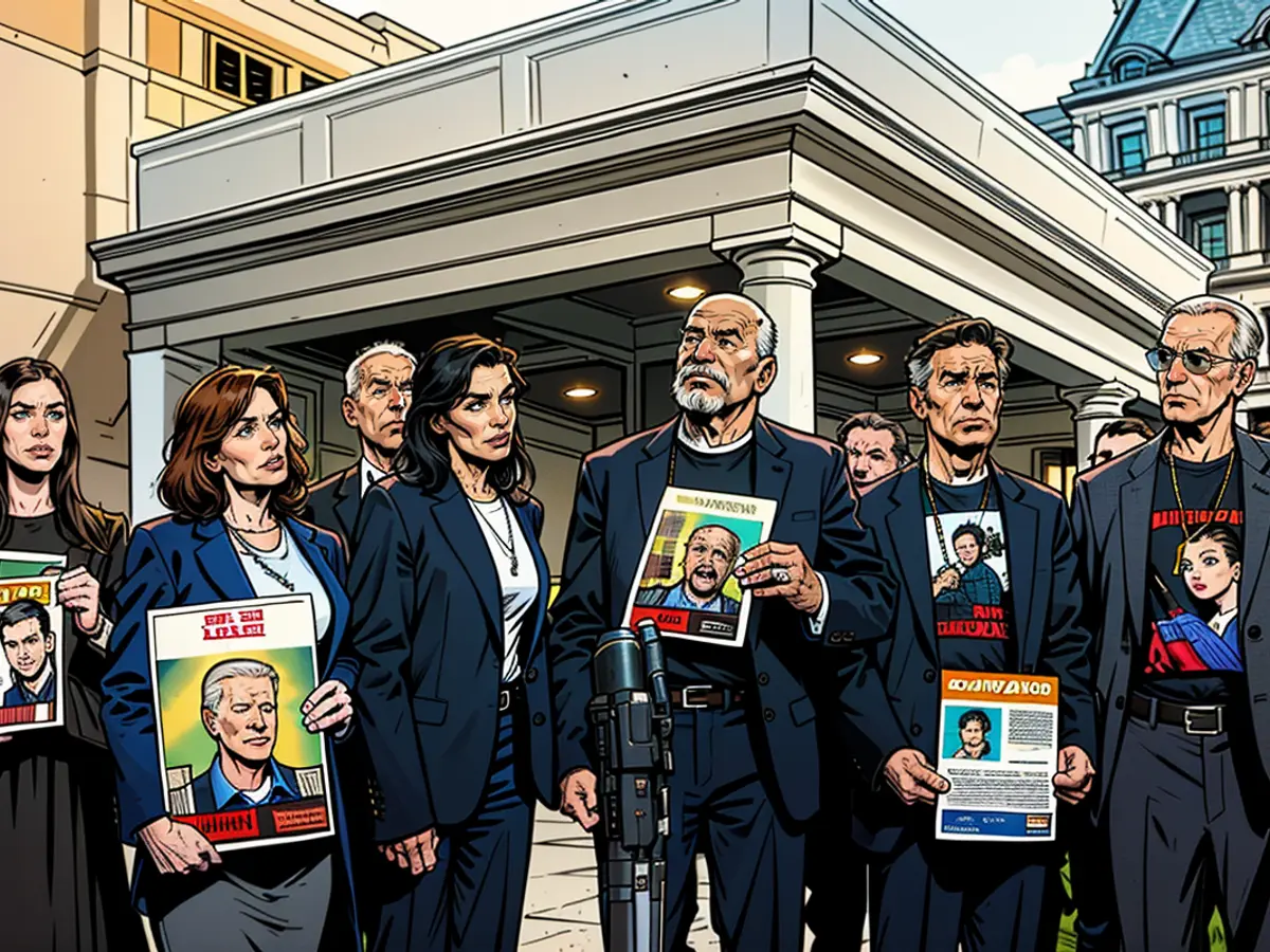 WASHINGTON DC – DECEMBER 13: Relatives of kidnapped Americans due to Hamas' actions during the October 7 Israel terrorist attacks gather outside the West Wing of the White House. The group consisted of individuals like Ronen Neutra, Ruby Chen, Jonathan Dekel-Chen, Liz Naftali, Adi Alexander, Orna Neutra, and Yael Alexander. They engaged with media personnel following a private audience with President Joe Biden and Secretary of State Antony Blinken.