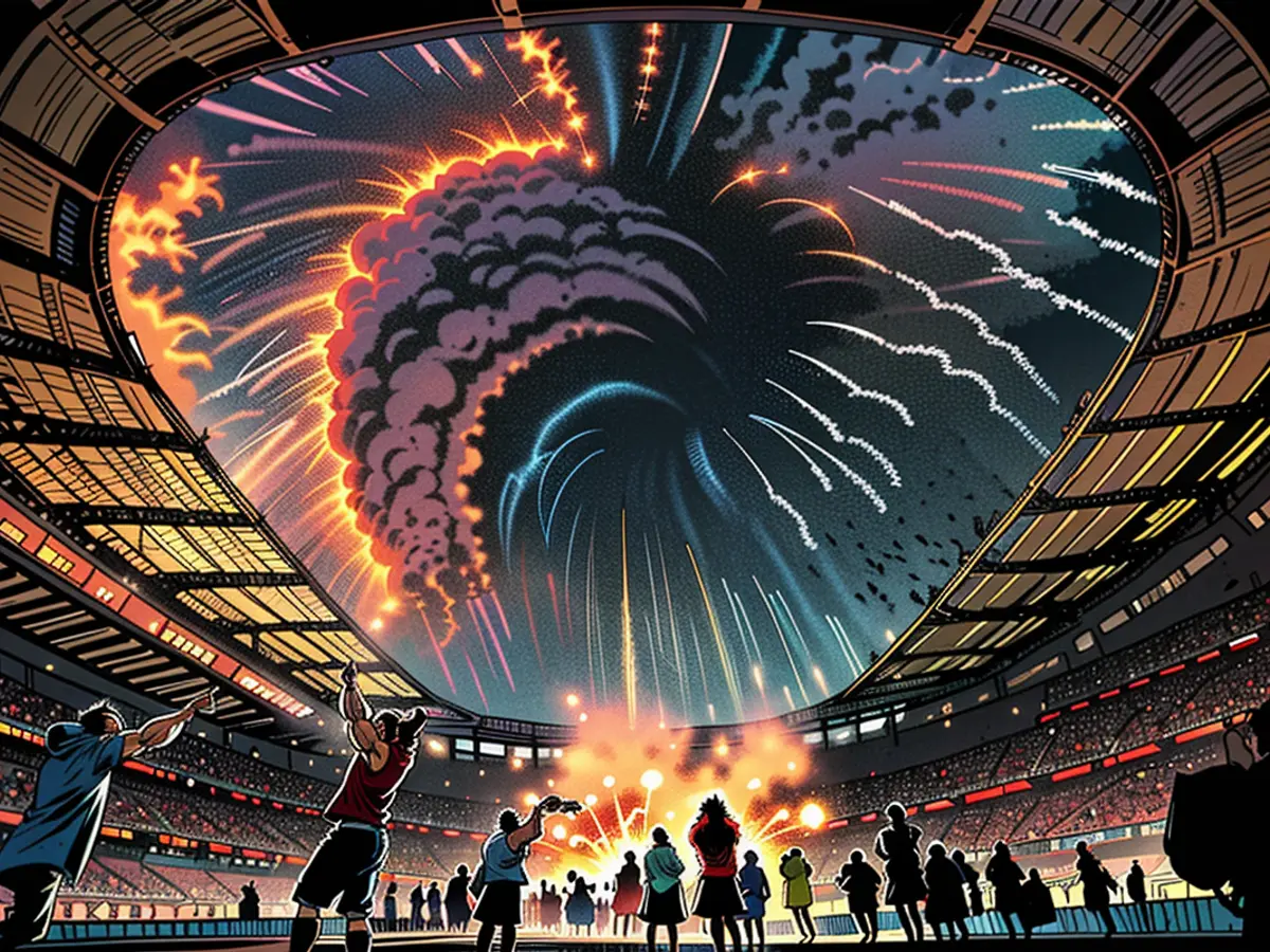 Fogos pirotécnicos ilegais acesos no topo do Stade de France.