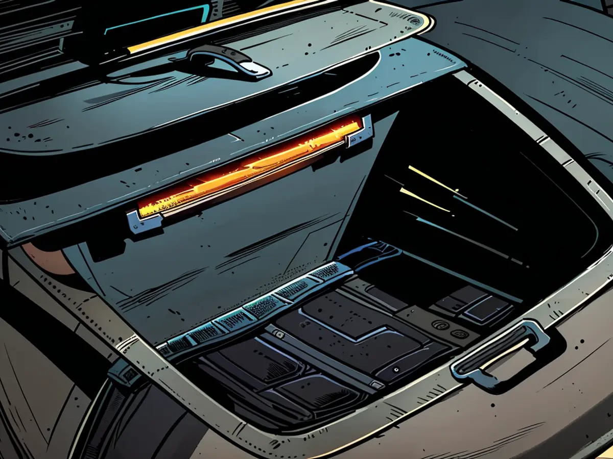 Upfront and hidden beneath the vehicle's hood, there exists a compact storage space, known as a frunk, suitable for storing charging cables and other minor belongings.