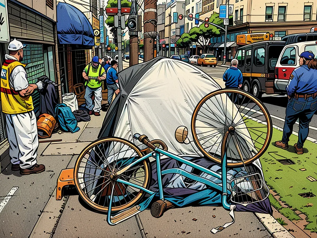 San Francisco's Public Works team dismantles and sanitizes an extensive homeless settlement in the Tenderloin area, as part of a broadening enforcement action against street homelessness in the city of San Francisco.