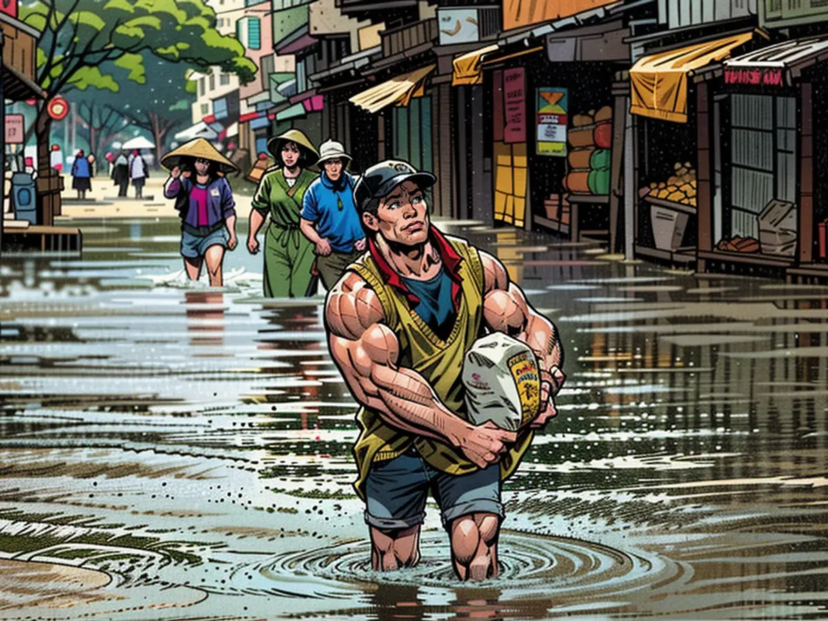 A woman traverses a street in Hanoi, lugging a sack of rice amidst surging floodwaters, on September 11, 2024.