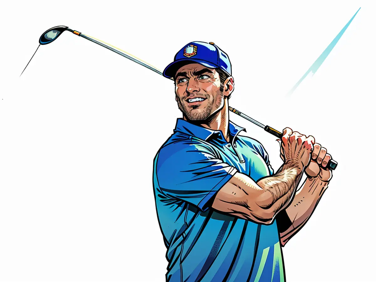 Jon Rahm, joueur de l'équipe Europe, exprime ses pensées sur le 16ème tee lors d'une séance d'échauffement avant la Ryder Cup 2023 au Marco Simone Golf Club, situé à Rome, en Italie, le 27 septembre 2023.