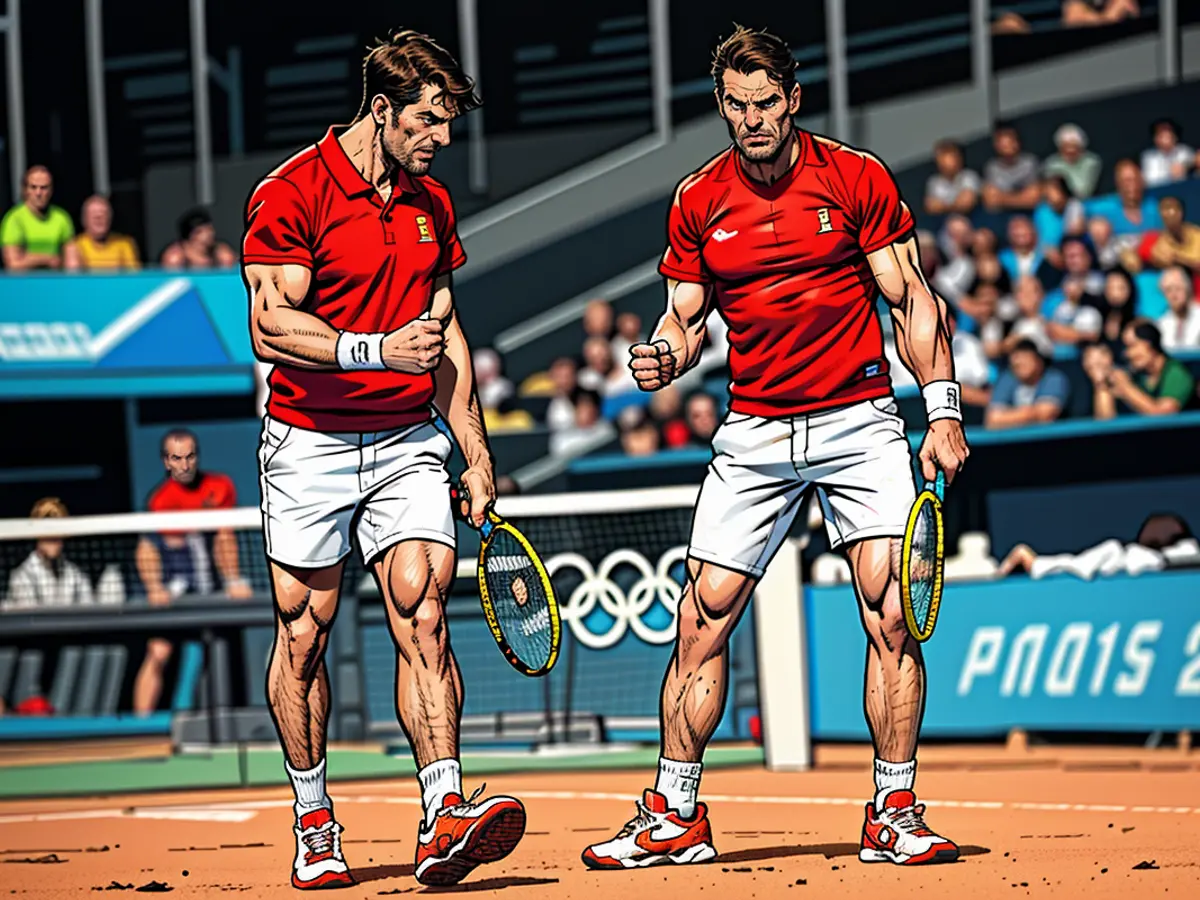 EN PARÍS, FRANCIA EL 27 DE JULIO: Rafael Nadal y su pareja Carlos Alcaraz, ambos representando al Equipo de España, celebran triunfalmente ante los oponentes Andres Molteni y Maximo Gonzalez del Equipo de Argentina durante la primera ronda de la competencia de dobles masculino en los Juegos Olímpicos de París 2024, llevados a cabo en Roland Garros el 27 de julio de 2024.