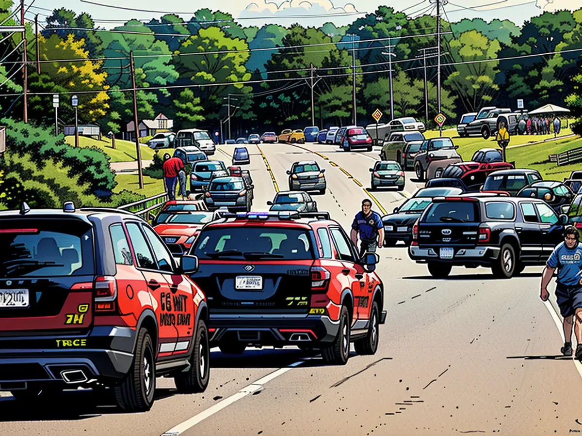 Le autorità e i servizi di emergenza gestiscono il traffico dopo una bombardmenta di colpi di arma da fuoco alla scuola superiore di Apalachee, situata a Winder, in Georgia, il 4 settembre 2024.