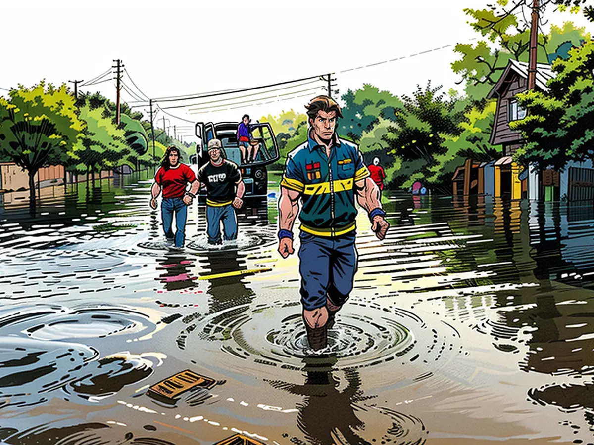 Les secours aident les habitants résidentiels pendant un incident de rue inondée à Pechea, Roumanie, le samedi.