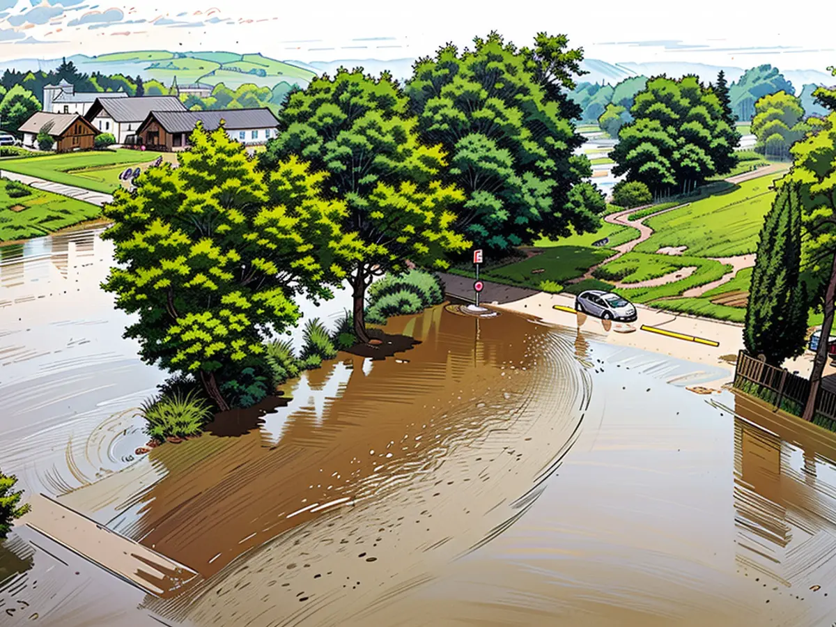 Ein Fahrzeug navigiert durch eine wasserüberschwemmte Straße in Braunau am Inn, Österreich.