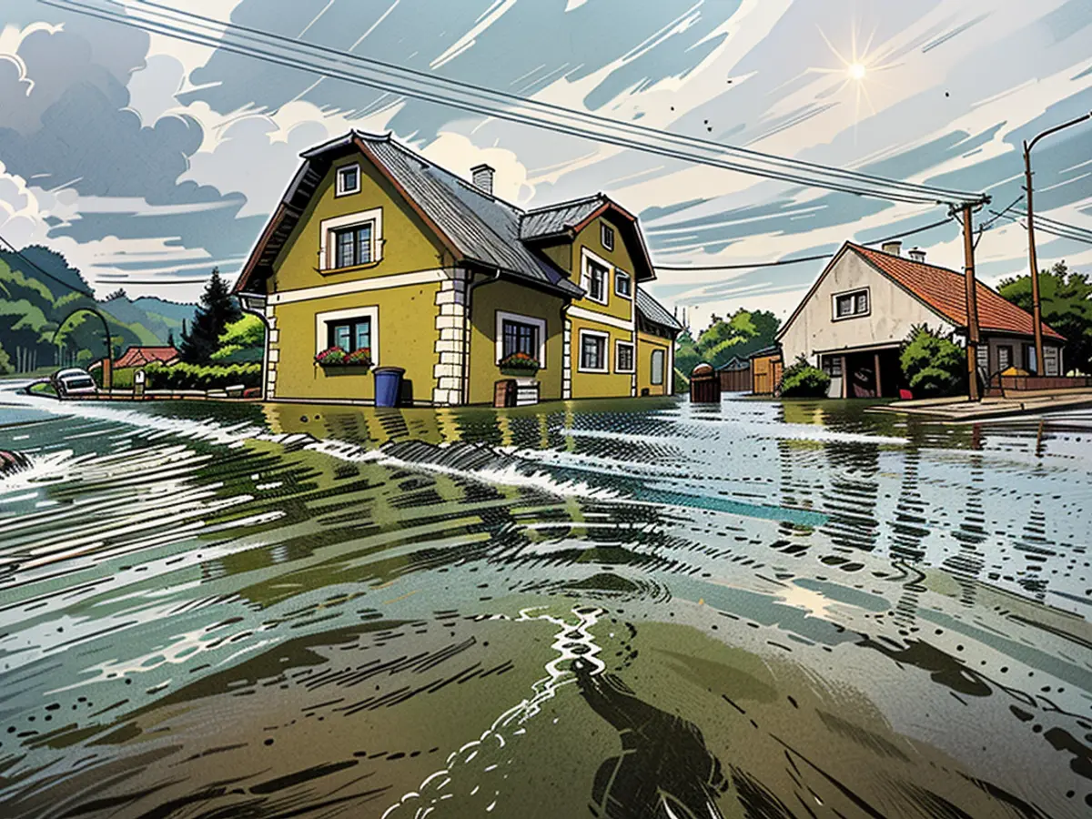 A residence submerged under excessive rainfall in Mikulovice, Czech Republic.