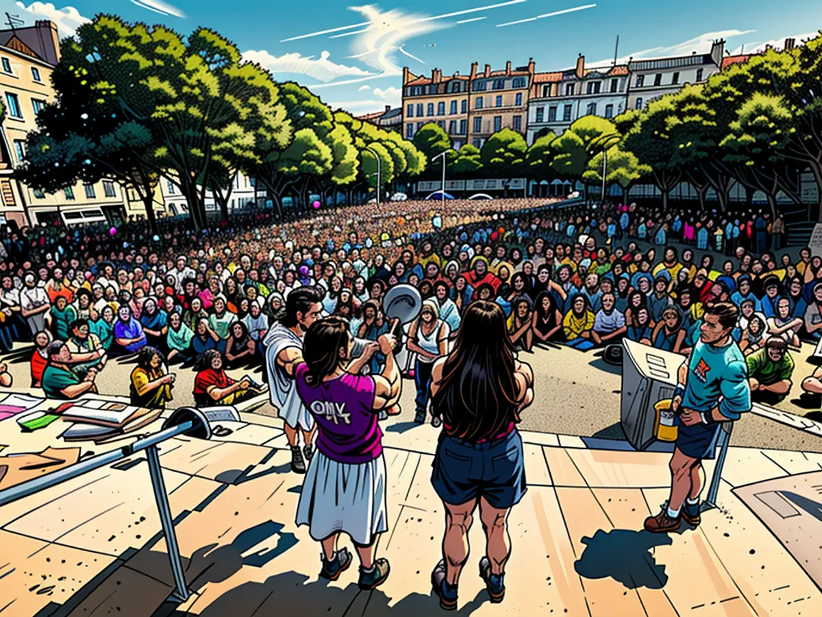 Individuals rally during a protest endorsement for Gisele Pelicot in Marseille on September 14, 2024.