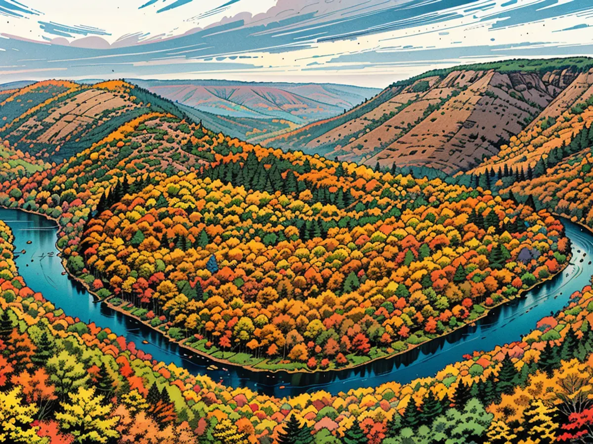 Accanto a Ohiopyle, Pennsylvania, l'Overlook di Baughman Rock offre uno spettacolo autunnale mozzafiato. I viaggiatori che attraversano la Laurel Highlands Scenic Byway possono includere questa vista nel loro viaggio.