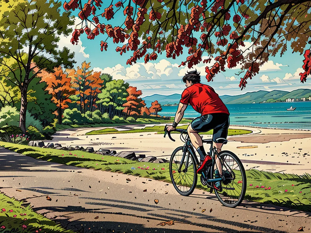 Preparem vossas bicicletas para vossa expedição ao longo do Lake Champlain Byway em Vermont. Este ciclista explora a Island Line em Burlington, beneficiando de uma paisagem envidiosa do Lago Champlain e além disso, das Montanhas Adirondack de Nova Iorque.