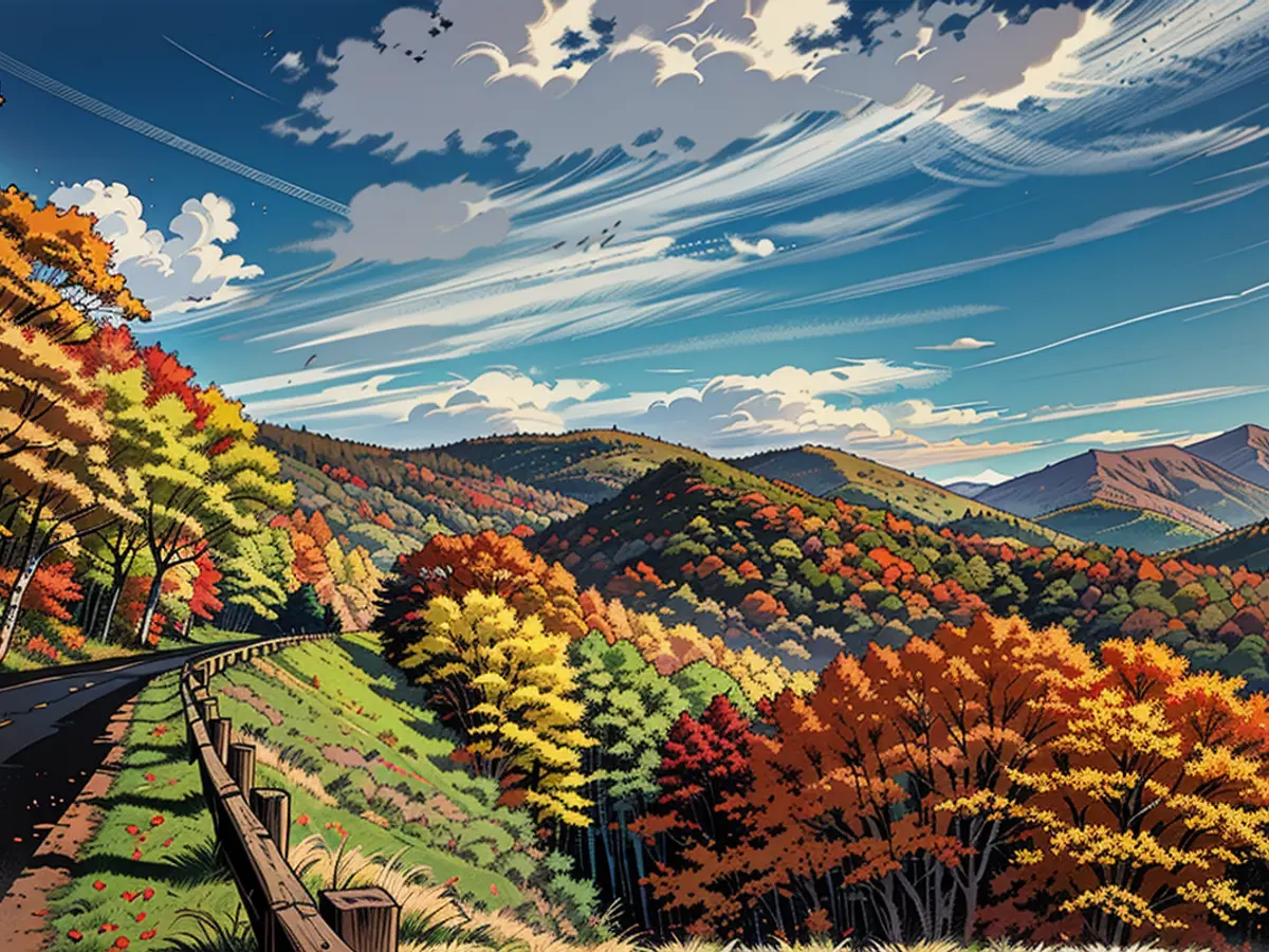 The mountainside of North Carolina's Blue Ridge Parkway exhibits a vibrant display of autumn hues.