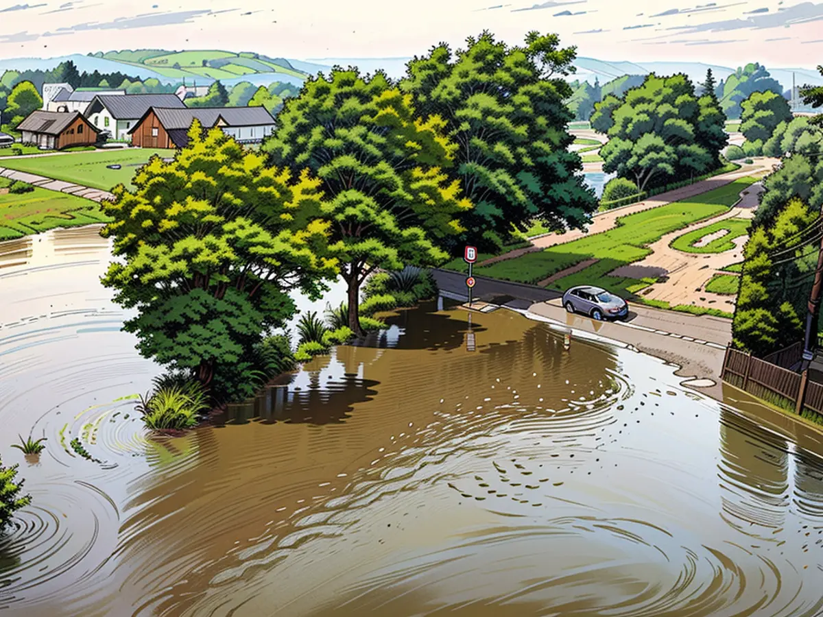 A vehicle navigates through a water-logged road in Braunau am Inn, Austria.