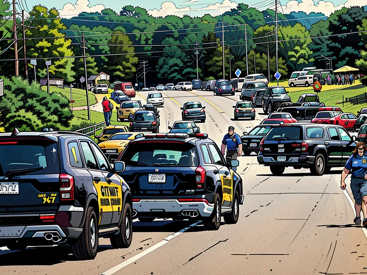 Autoridades e serviços de emergência gerenciam fluxo de trânsito após incidente de tiros na Apalachee High School em Winder, Georgia, em 4 de setembro de 2024.