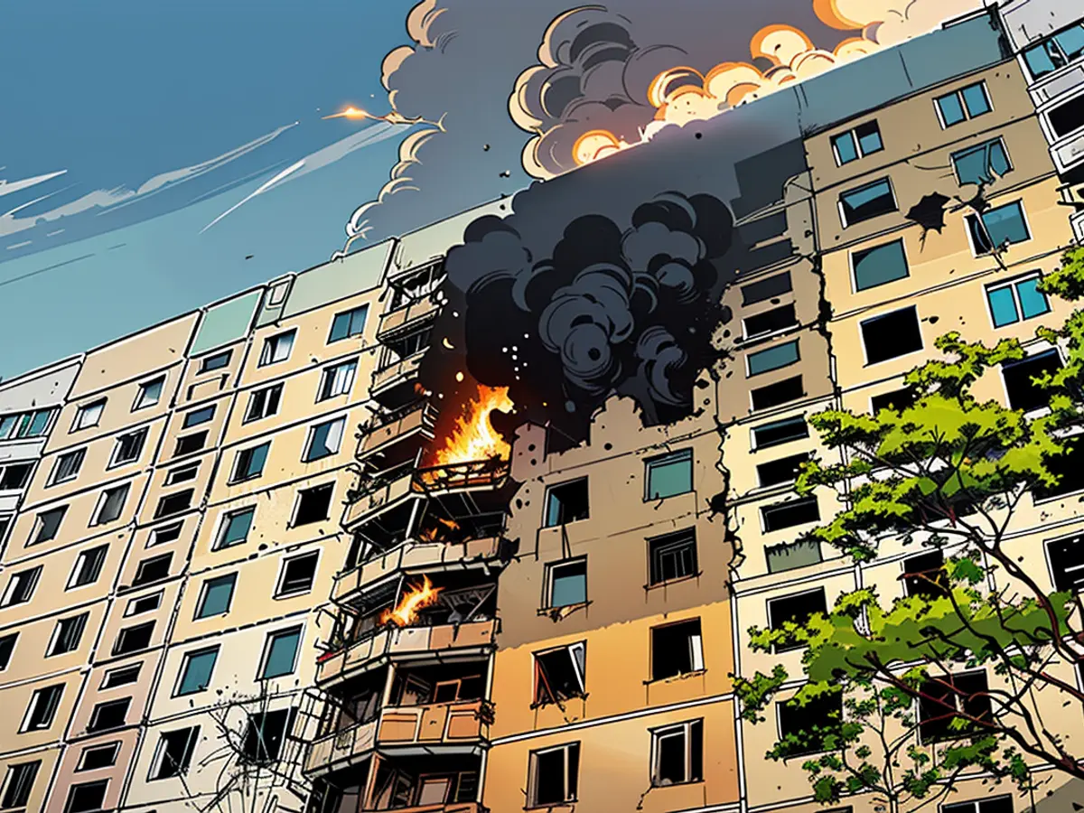 Conflagration ensues following a Russian aerial bomb assault on a high-rise apartment building.