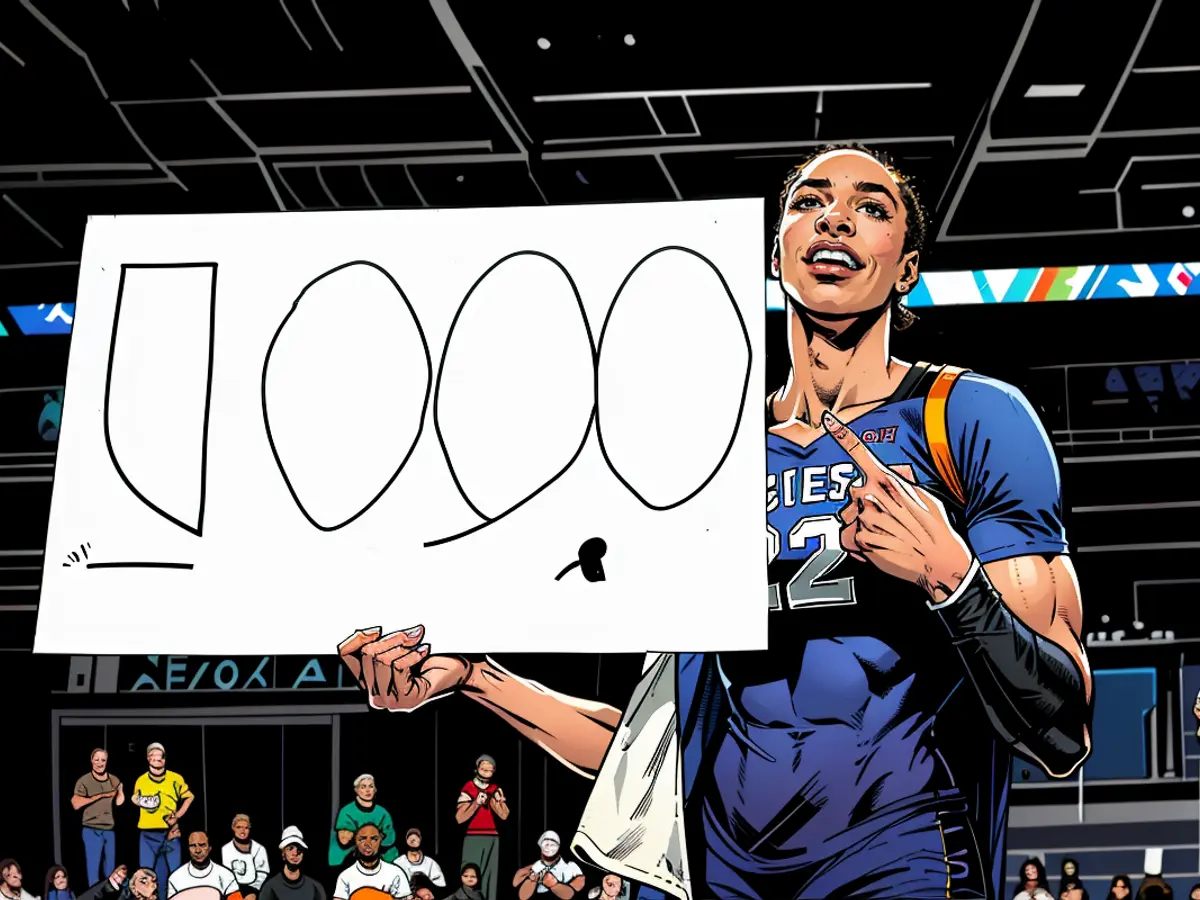 Aja Wilson, wearing the number 22, rejoices following her historical achievement of surpassing 1,000 points in a single WNBA season during the contest versus Connecticut Sun on September 15, 2024, at Michelob ULTRA Arena in Las Vegas, Nevada.