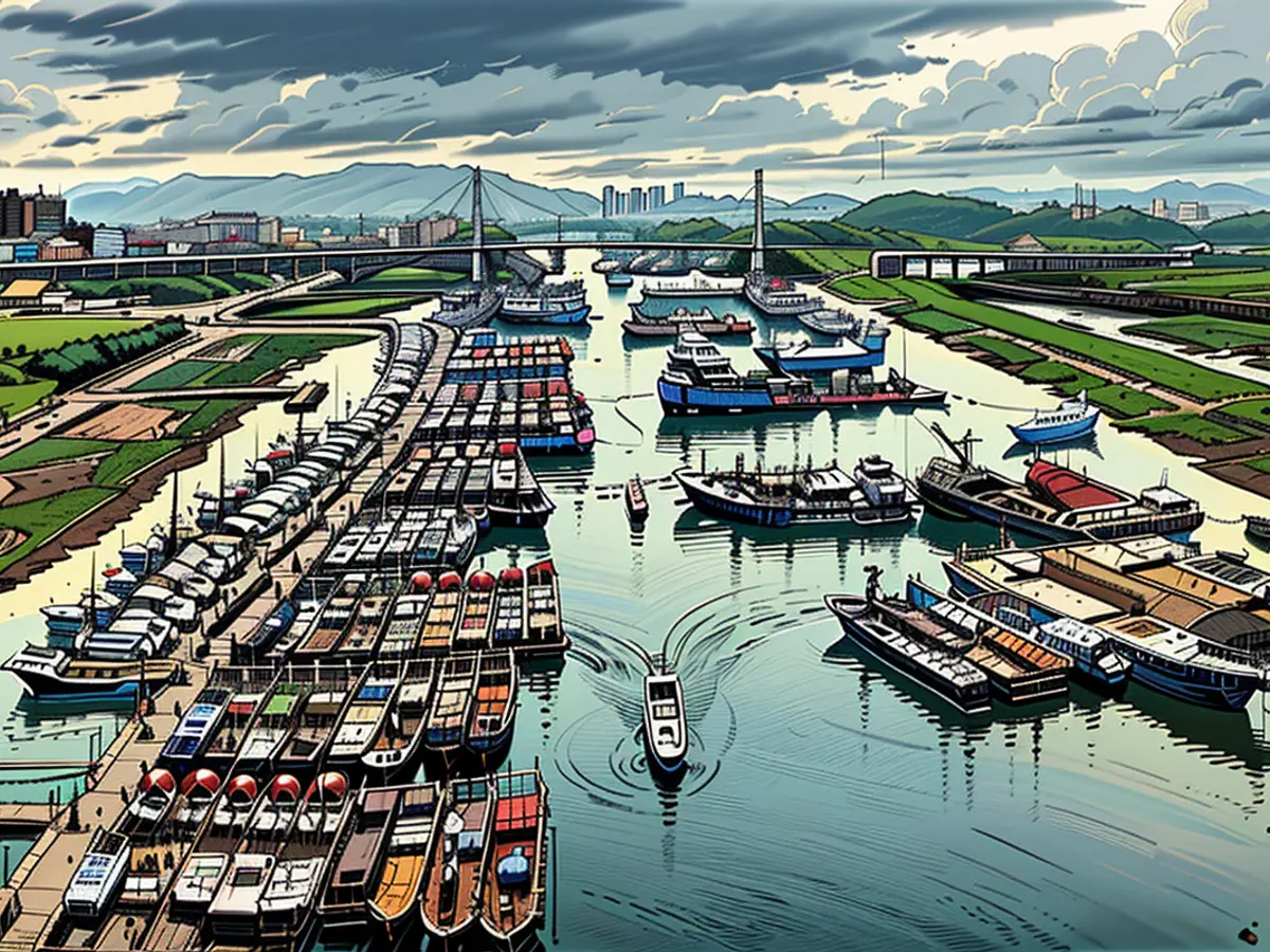 Numerous fishing vessels anchored at a harbor as a precaution against Typhoon Bebinca in Zhoushan, China, on September 15, 2024.