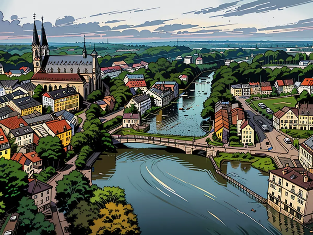 Overflowing Neisse River: To the left lies Goerlitz, and to the right stands the Polish urban center of Zgorzelec.