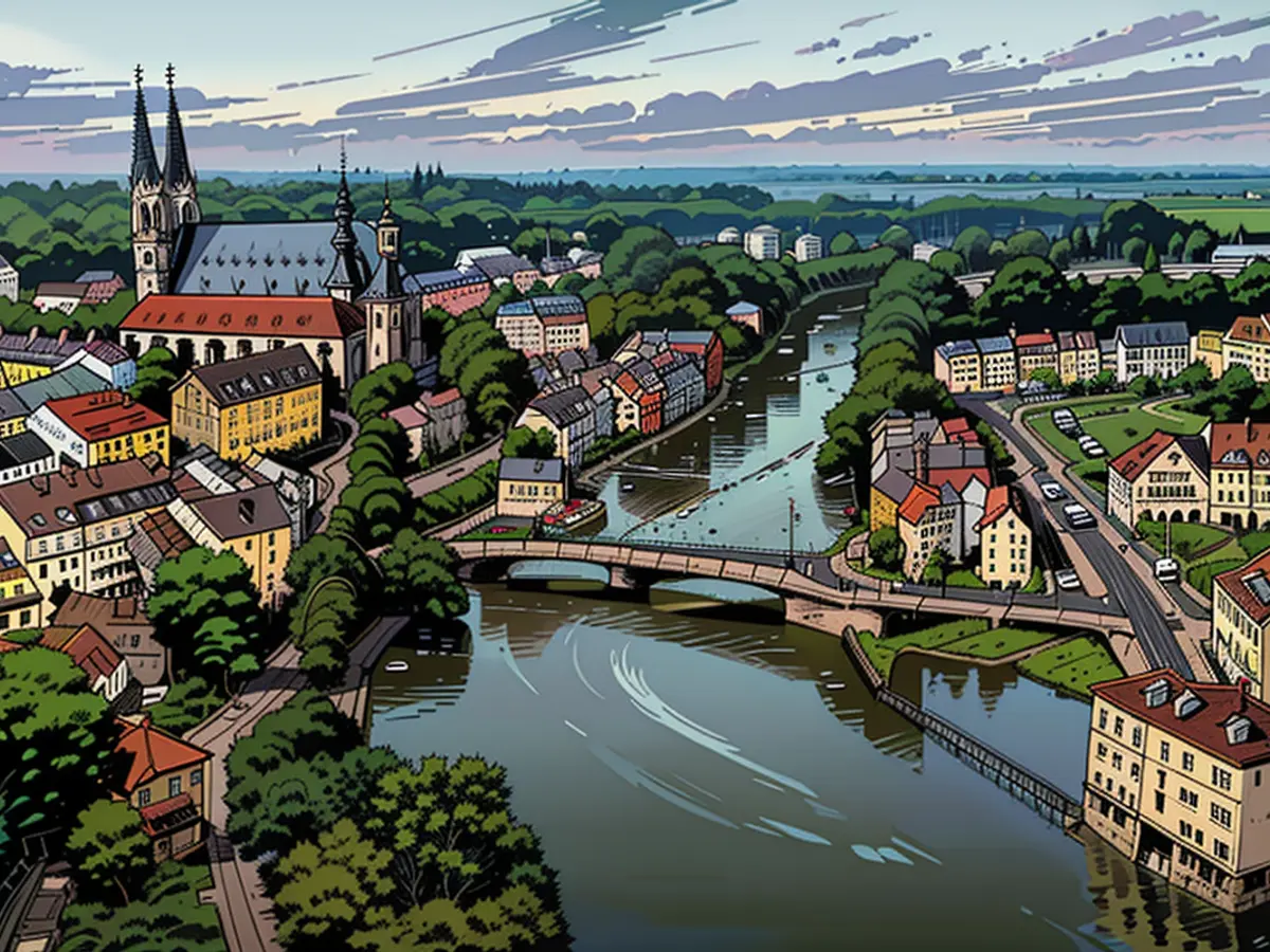 Überflutung der Neiße: Links: Görlitz, rechts: die polnische Stadt Zgorzelec.