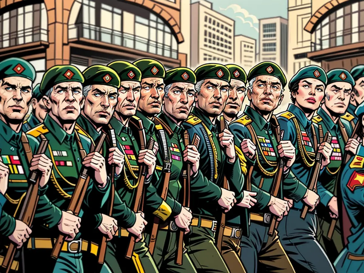 Combatentes russos participando na demonstração militar do dia 9 de maio de 2021