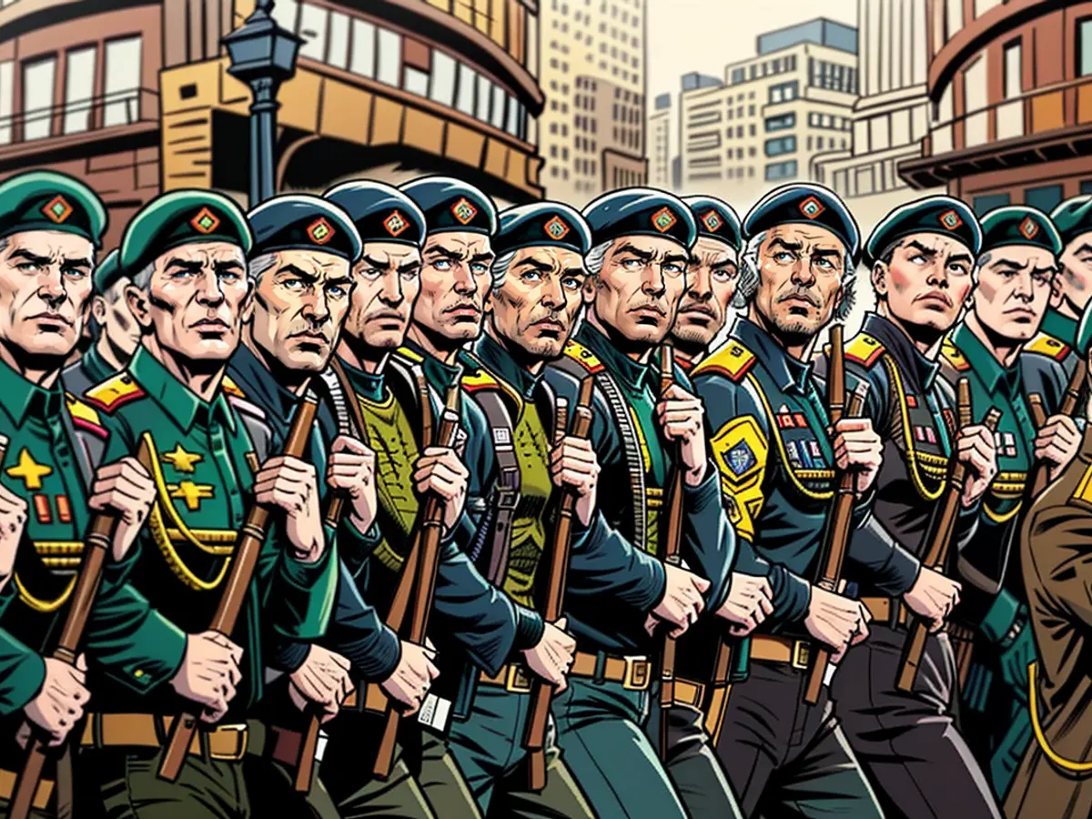 Pessoal militar de origem russa participando na parada militar no dia 9 de maio de 2021