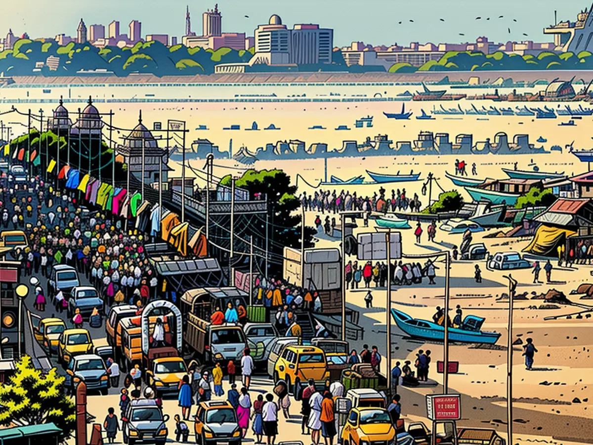 Worshippers carry statues of the Hindu divinity Ganesha for submergence in the Bay of Bengal during the Ganesh Chaturthi celebration in Chennai on September 15, 2024.