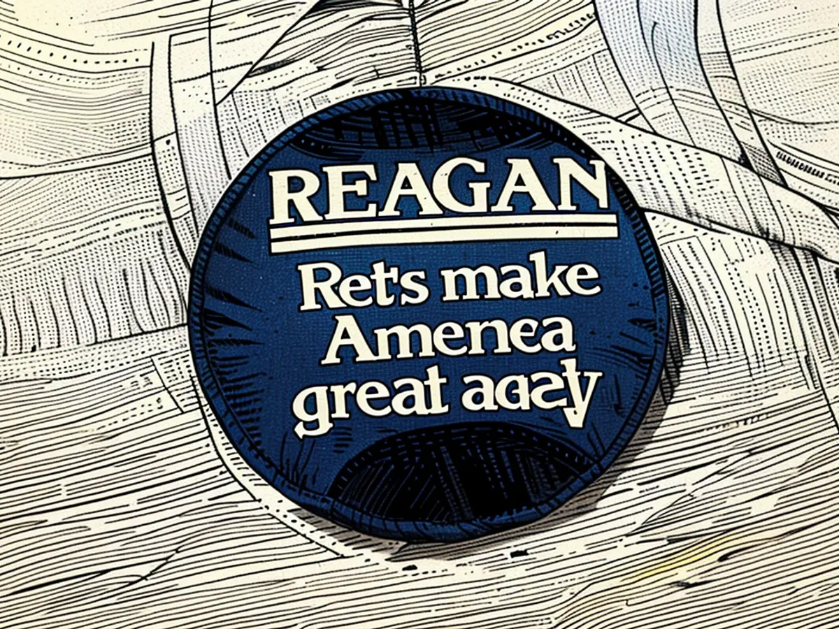 Während des Präsidentschaftswahlkampfs 1980 wurde eine blau gefärbte Kampagnenbuttons für den Republikanischen Kandidaten Ronald Reagan entworfen