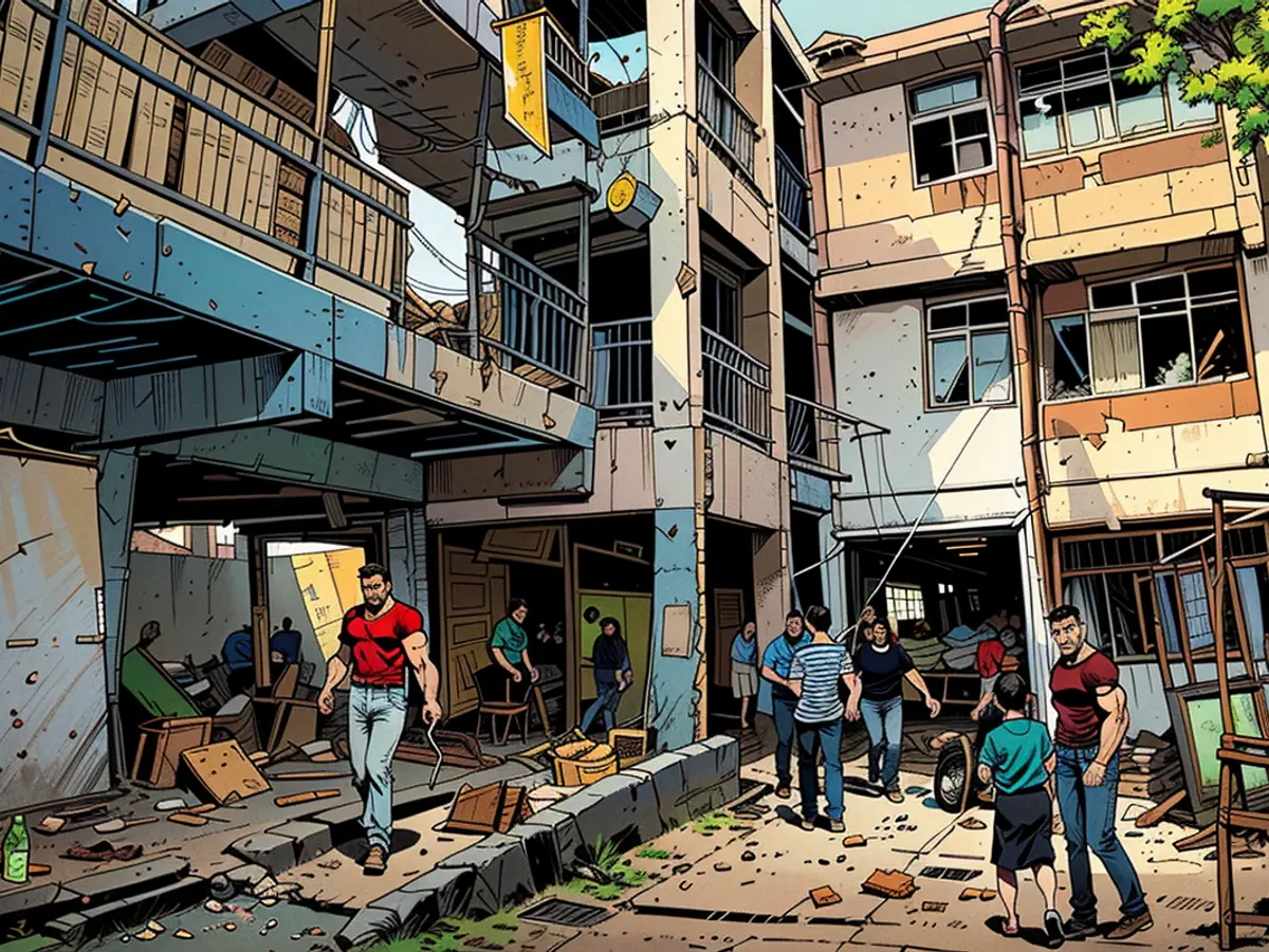 Palestinians examine the aftermath of the Israeli aerial assault, assessing the destruction.