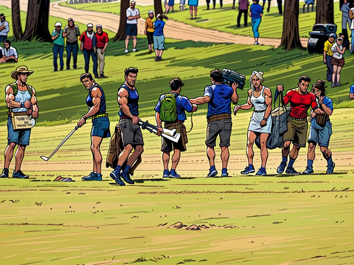 Caddies express their reactions to Lee's striking long-range hole-in-one.