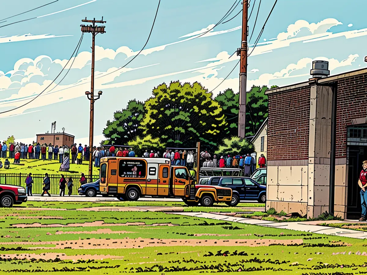 Schüler warten auf die Ankunft ihrer Eltern nach einem Schießerei-Vorfall an der Apalachee High School am 4. September 2024 in Winder, Georgia.