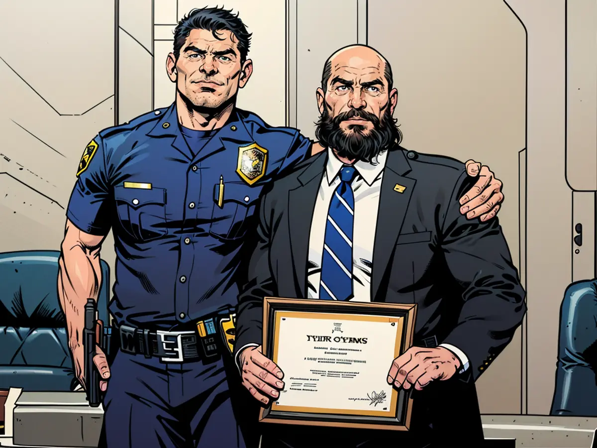 Kyle Guthrie, depicted on the right, is honored as the 2019 Employee of the Year within the Fontana Police Department.