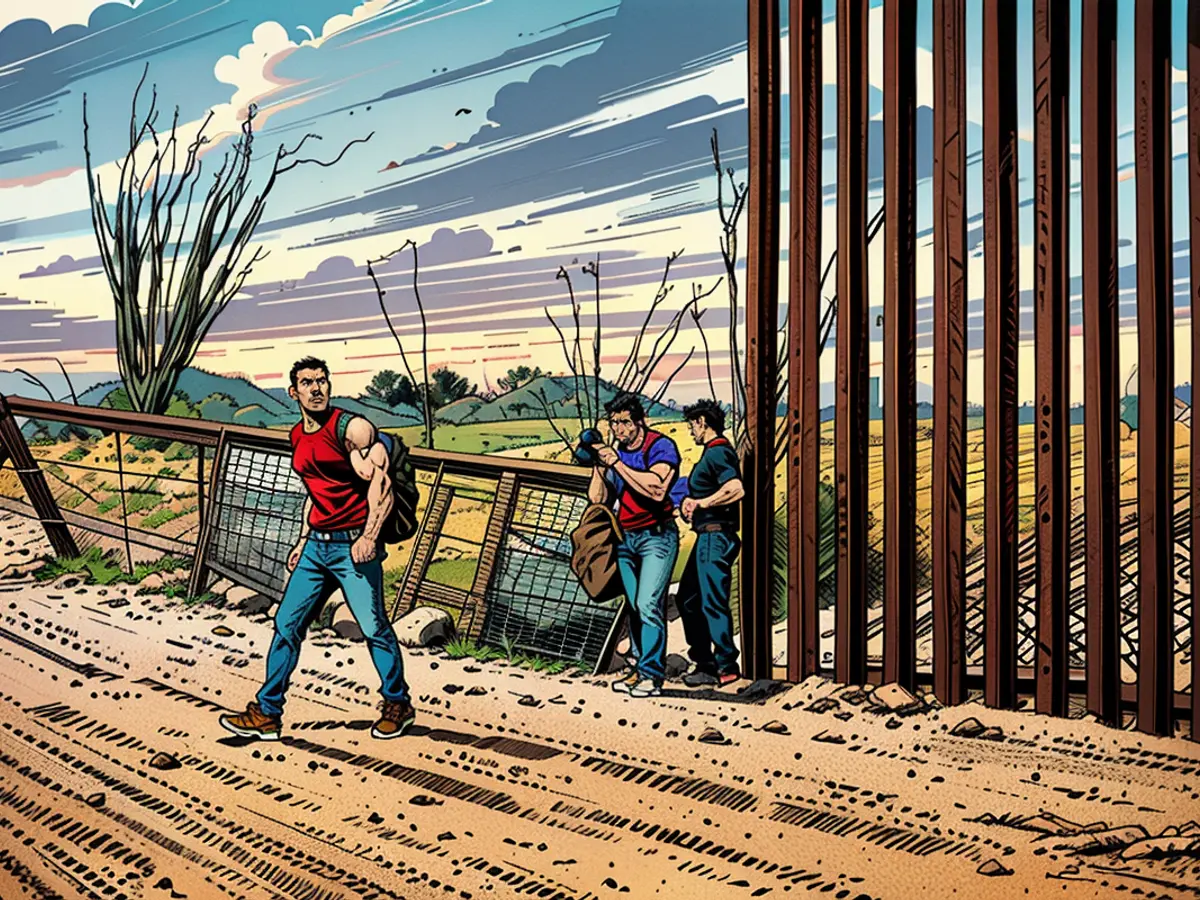 In Ruby, Arizona, on June 26, 2024, a smuggler remains hidden as migrants, seeking asylum from India, illicitly traverse the boundary divider, transitioning from Mexico into the United States.