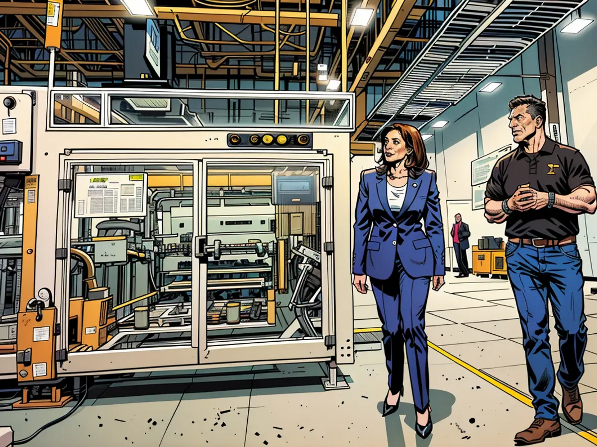 Kamala Harris, vice president of the United States, pays a visit to the Qcells solar panel production facility in Dalton, Georgia, on April 6, 2023.