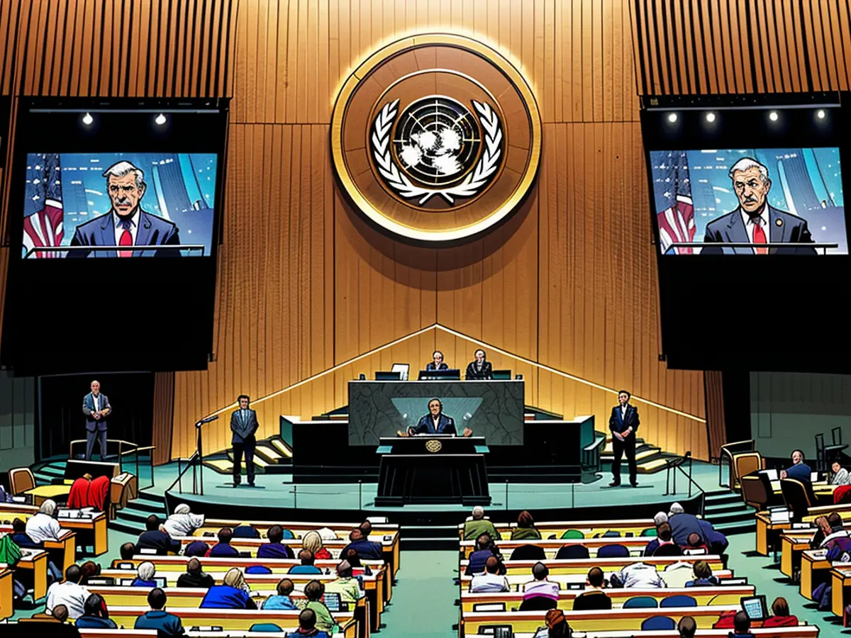 During the 79th gathering of the United Nations General Assembly, held at its headquarters in New York on September 24, 2024, Iran's President Masoud Pezeshkian delivers a speech.